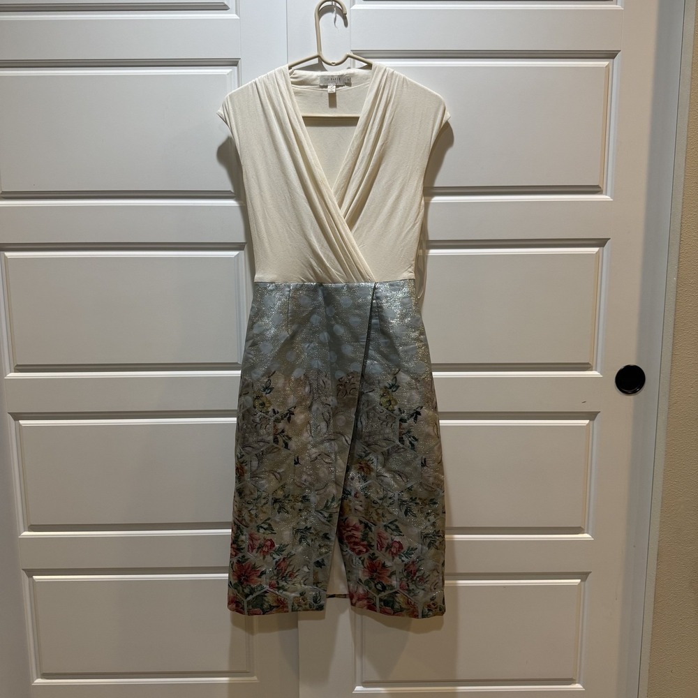 Ted Baker Dress Womens 1‎ Cream Silver Floral Brocade Midi Pockets Elegant